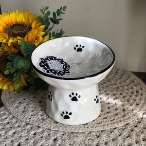 Ceramic Raised Pet Bowl with Black Paw Prints - White